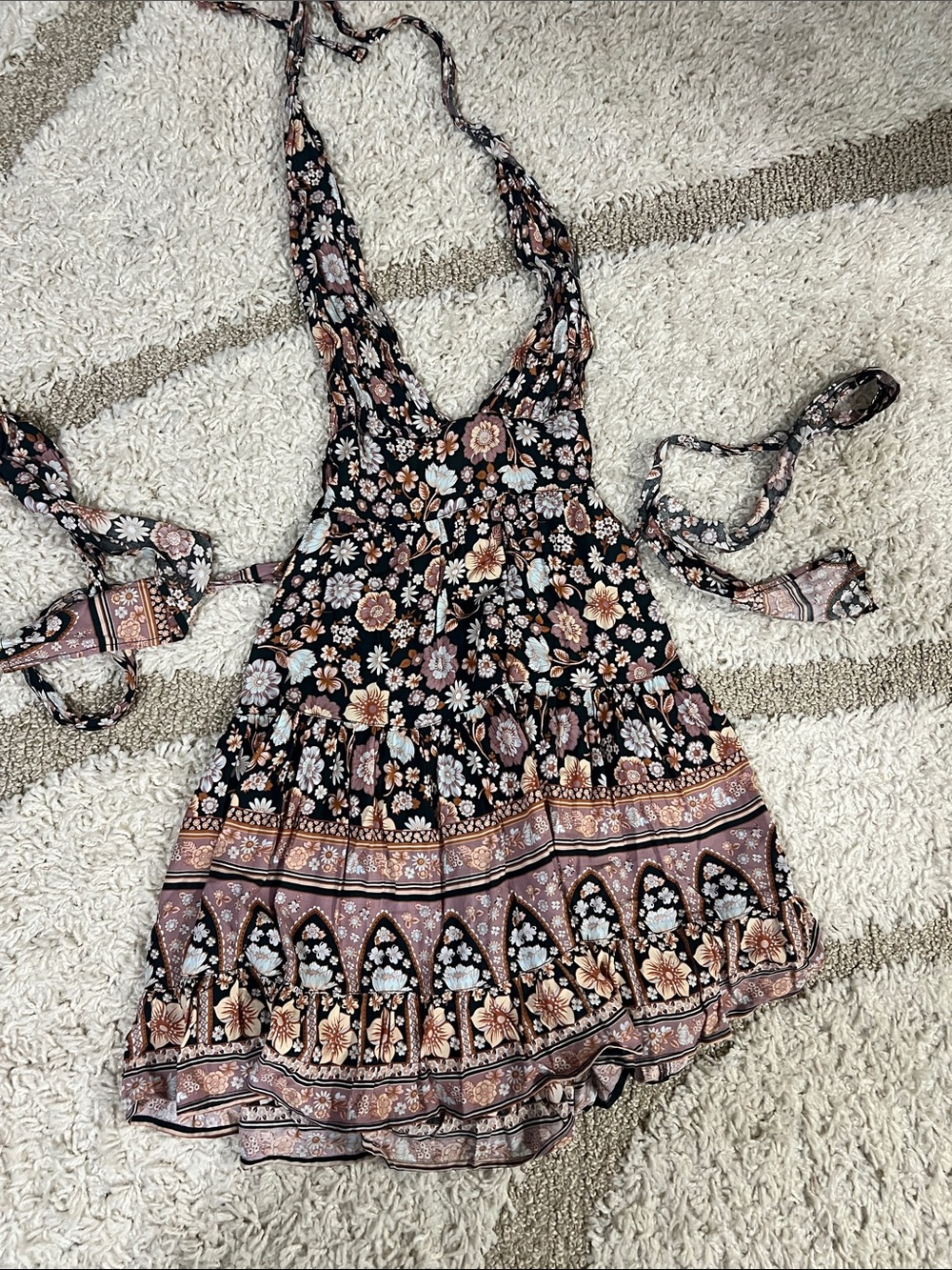 Bohemian Halter Bali Floral Mini Dress in Black and Dusty Pink